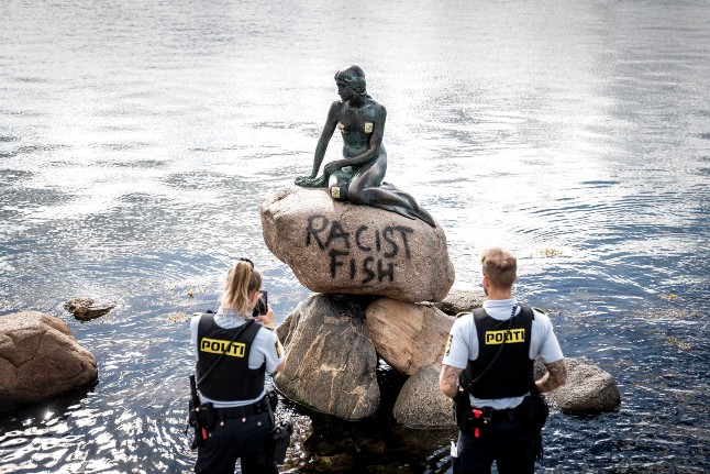 'Racist Fish' graffiti tagged on the Little Mermaid in Copenhagen. Photo credit to The Local